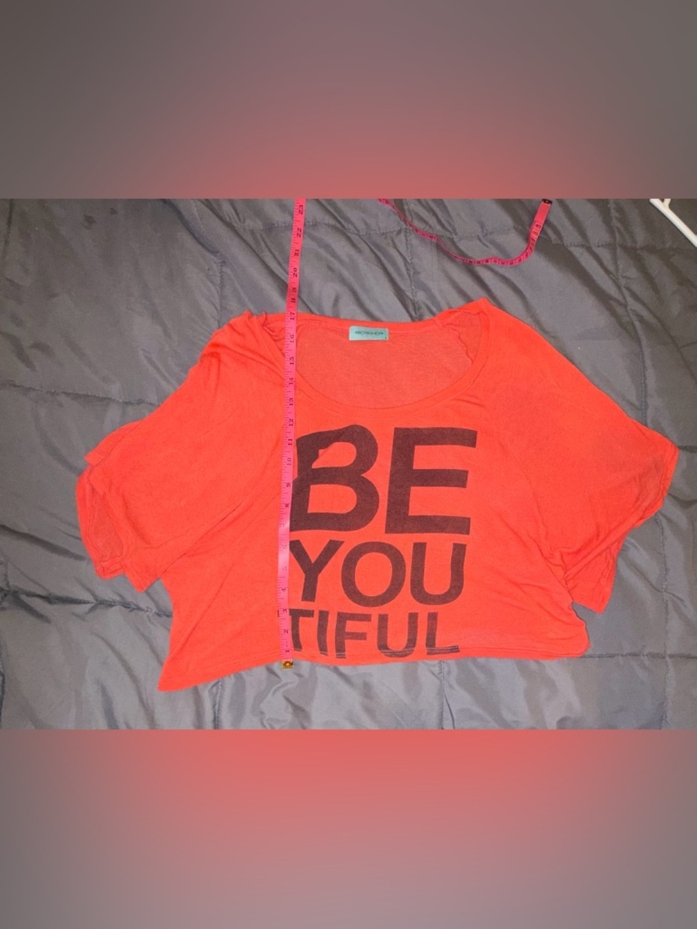 Workshop “Be You Tiful” Graphic Crop Top Size Small Neon Orange Rayon Blend - Picture 5 of 6